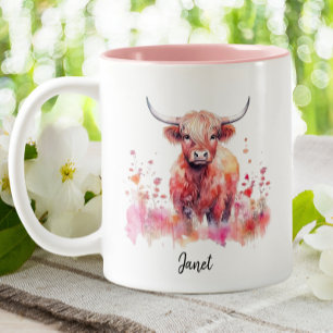 Cute Highland Cow Rosa Blommigt Vattenfärg Två-Tonad Mugg
