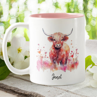 Cute Highland Cow Rosa Blommigt Vattenfärg Två-Tonad Mugg