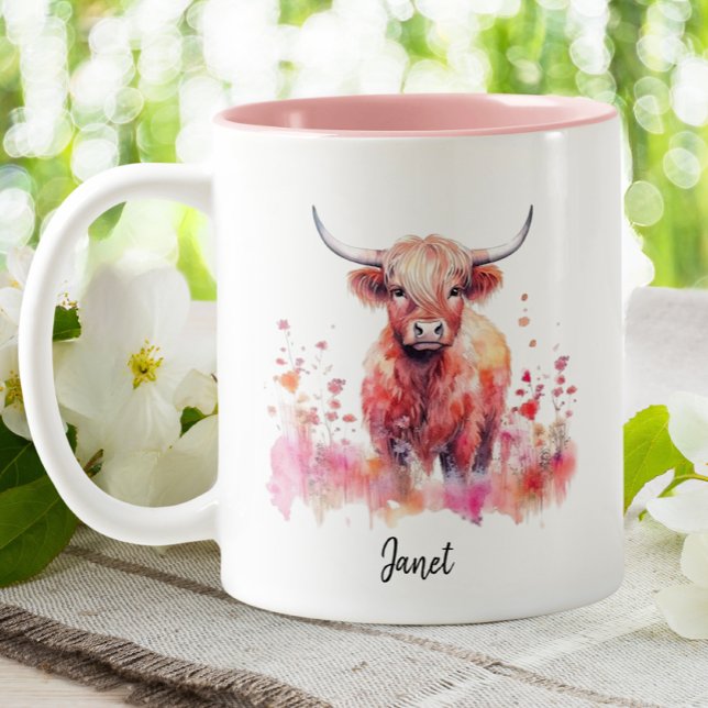 Cute Highland Cow Rosa Blommigt Vattenfärg Två-Tonad Mugg (Skapare uppladdad)