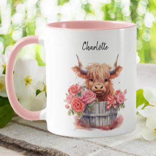 Cute Highland Cow Rosa Blommigt Watercolor Anpassn Mugg
