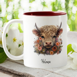 Cute Highland Cow Rosa Blommigt Watercolor Anpassn Två-Tonad Mugg