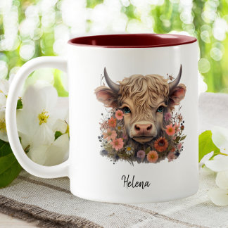 Cute Highland Cow Rosa Blommigt Watercolor Anpassn Två-Tonad Mugg