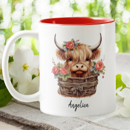 Cute Highland Cow Rosa Blommigt Watercolor Ro Två-Tonad Mugg