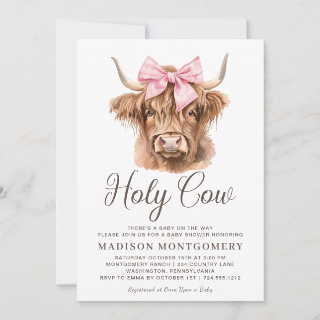 Cute Highland Cow Rosa Coquette Bow Baby Shower Inbjudningar (Framsida)
