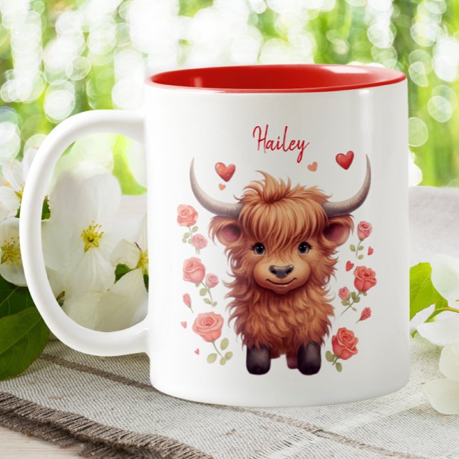 Cute Highland Cow Rosa Hearts Blommigt Valentine Två-Tonad Mugg (Skapare uppladdad)