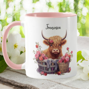 Cute Highland Cow Rosa Pastel Blommigt Vattenfärg Mugg
