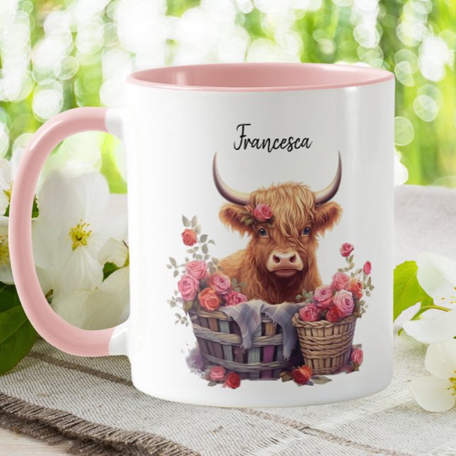 Cute Highland Cow Rosa Pastel Blommigt Vattenfärg Mugg (Skapare uppladdad)