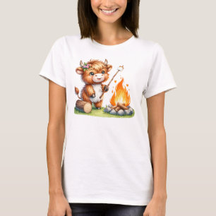 Cute Highland Cow Rosting Marshmallow Camping T Shirt