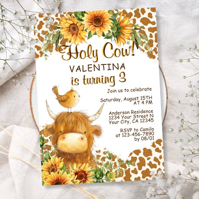 Cute Highland Cow Skriv ut solblommor från födelse Inbjudningar (Skapare uppladdad)