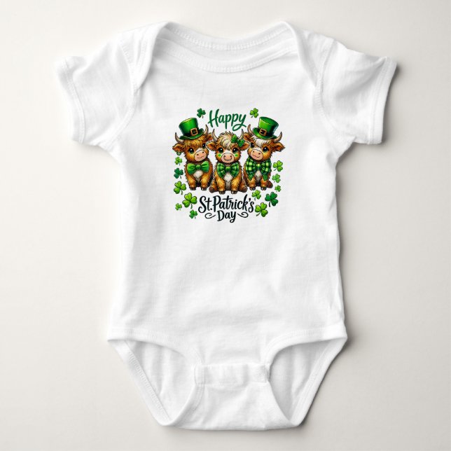 Cute Highland Cow St. Patrick's Day Baby Bodykosty T Shirt (Framsida)