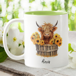 Cute Highland Cow Sunblommor Blommigt Anpassningsb Två-Tonad Mugg