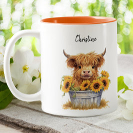 Cute Highland Cow Sunblommor Blommigt Anpassningsb Två-Tonad Mugg