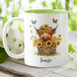 Cute Highland Cow Sunblommor Blommigt Butterflies Två-Tonad Mugg