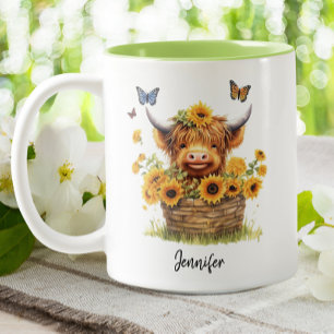 Cute Highland Cow Sunblommor Blommigt Butterflies Två-Tonad Mugg