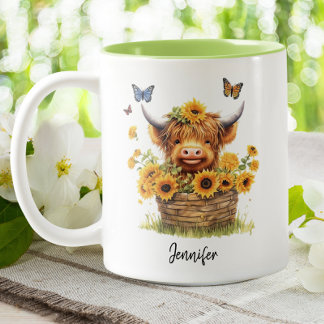 Cute Highland Cow Sunblommor Blommigt Butterflies Två-Tonad Mugg