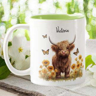 Cute Highland Cow Sunblommor Blommigt Butterflies Två-Tonad Mugg