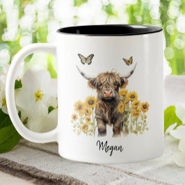 Cute Highland Cow Sunblommor Blommigt Personlig Två-Tonad Mugg