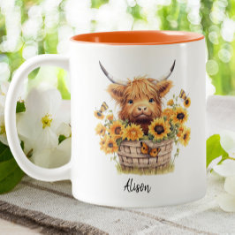 Cute Highland Cow Sunblommor Blommigt Personlig Två-Tonad Mugg