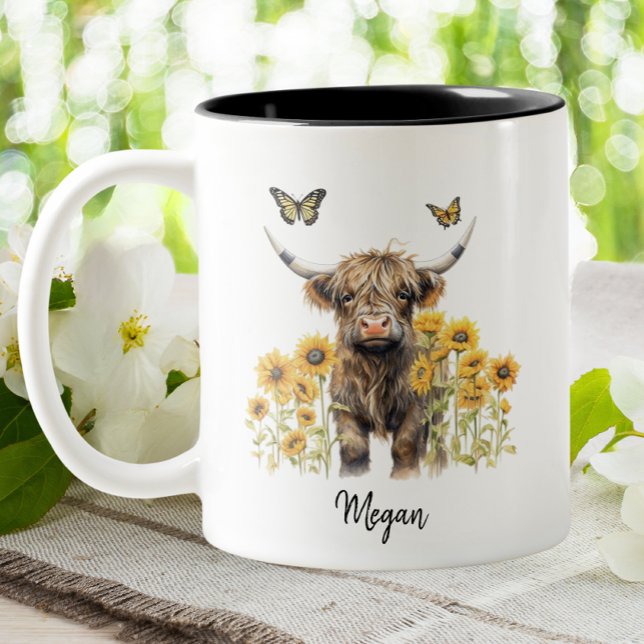 Cute Highland Cow Sunblommor Blommigt Personlig Två-Tonad Mugg (Skapare uppladdad)