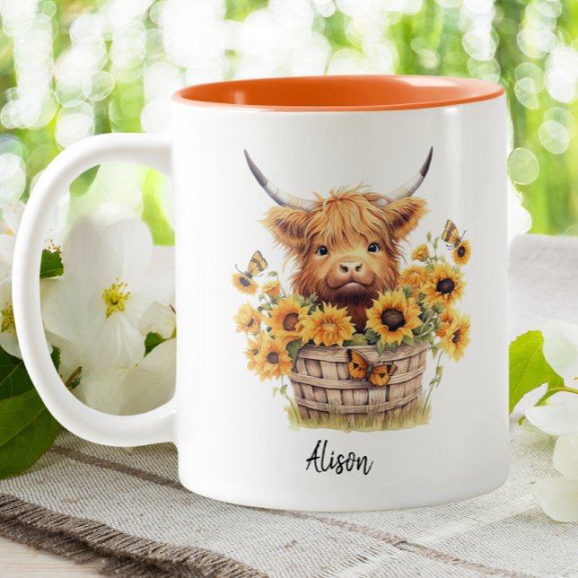 Cute Highland Cow Sunblommor Blommigt Personlig Två-Tonad Mugg (Skapare uppladdad)