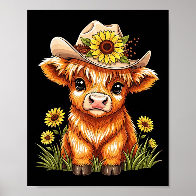 Cute Highland Cow Sunflower Farm Scottish Highland Poster (Framsidan)