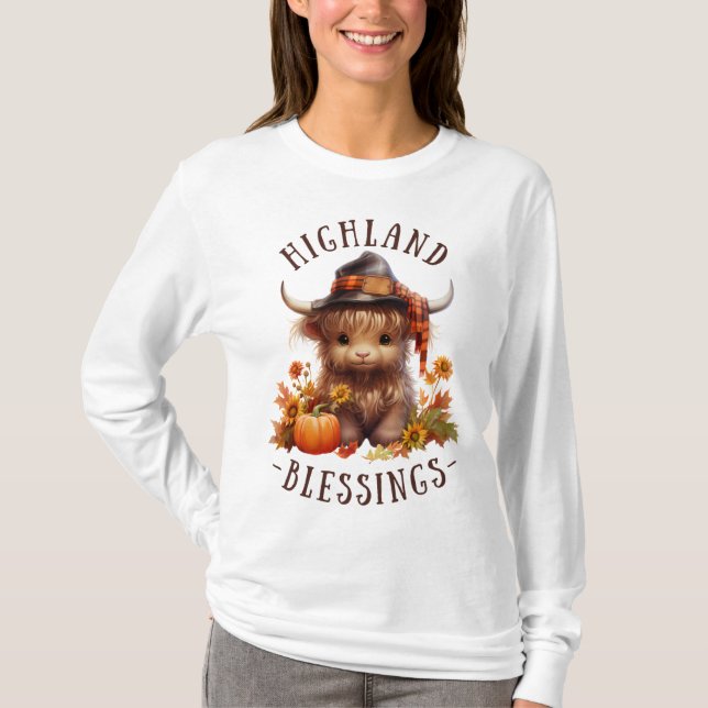 Cute Highland Cow Thanksgiving Blesses T Shirt (Framsida)