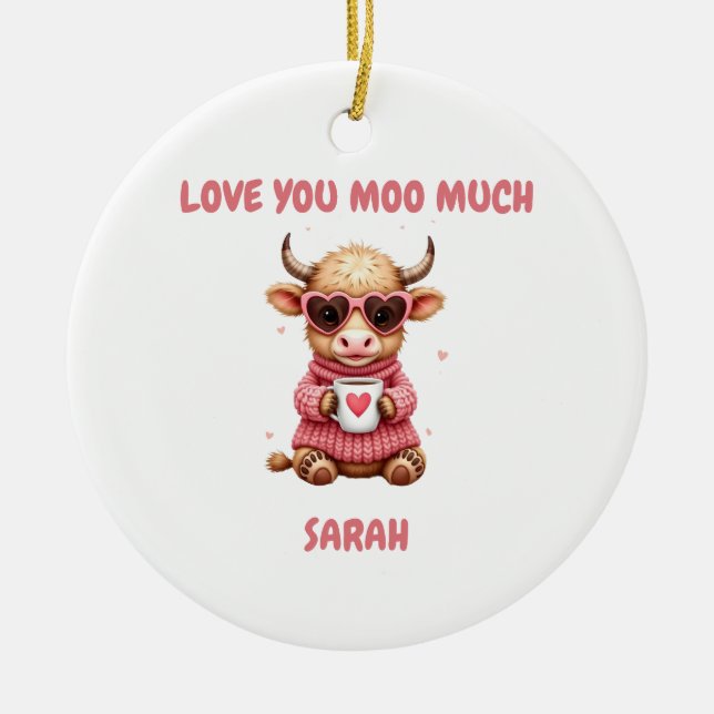Cute Highland Cow Valentine Heart Glasses Coffee m Julgransprydnad Keramik (Framsidan)