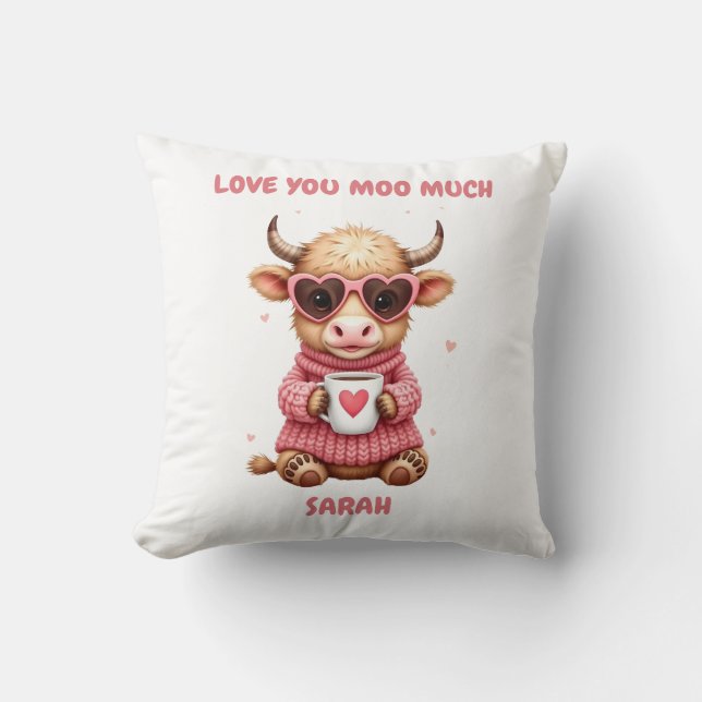 Cute Highland Cow Valentine Heart Glasses Coffee m Kudde (Framsida)