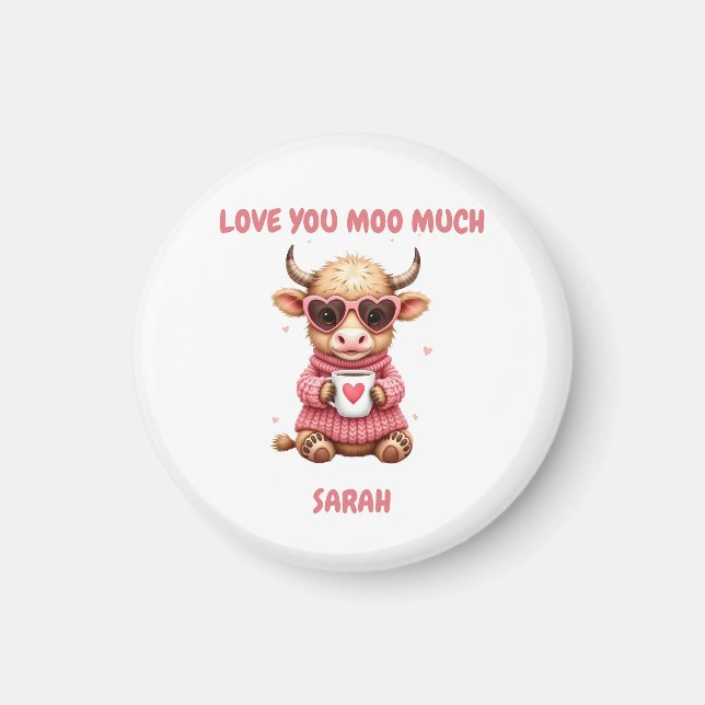 Cute Highland Cow Valentine Heart Glasses Coffee m Magnet (Framsidan)