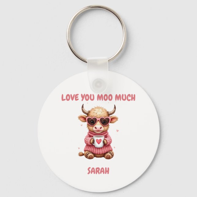 Cute Highland Cow Valentine Heart Glasses Coffee m Nyckelring (Framsida)