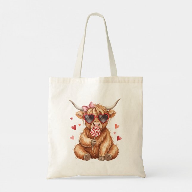 Cute Highland Cow Valentine Tote Bag Tygkasse (Baksida)