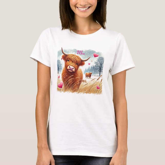 Cute Highland Cow Valentiness Nature T-shirt (Framsida)