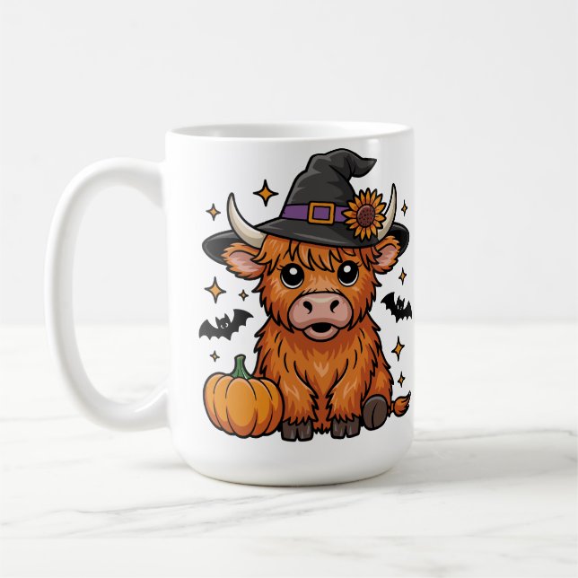 Cute Highland Cow Witch med Pumpkin Halloween Kaffemugg (Vänster)