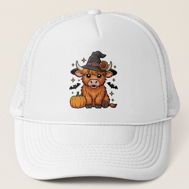 Cute Highland Cow Witch med Pumpkin Halloween Keps (Framsida)