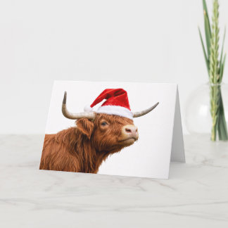 Cute Highland Cow with Santa Hat Christmas Kort
