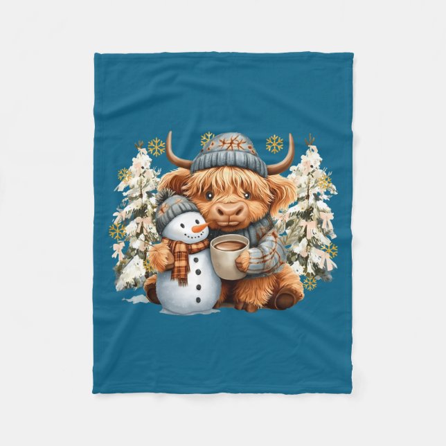Cute Highland Cow With Snowman Hot Cocoa Christmas Fleecefilt (Framsidan)