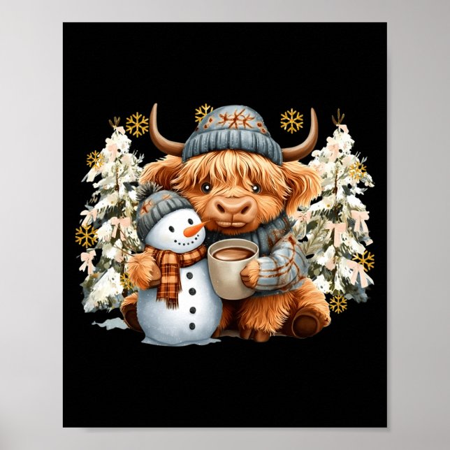 Cute Highland Cow With Snowman Hot Cocoa Christmas Poster (Framsidan)