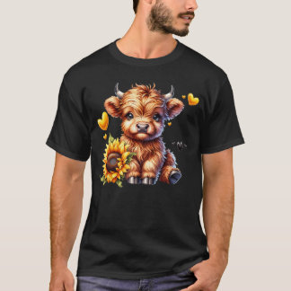 Cute Highland Cow with Sunflower Women Girl friend T Shirt