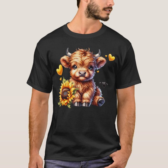 Cute Highland Cow with Sunflower Women Girl friend T Shirt (Framsida)