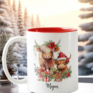 Cute Highland Cows Calf jul Santa Hat Två-Tonad Mugg