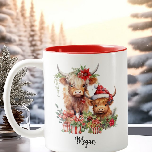 Cute Highland Cows Calf jul Santa Hat Två-Tonad Mugg (Skapare uppladdad)