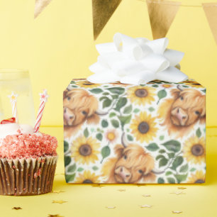 Cute Highland Cows & Gult Solrosblommor Presentpapper