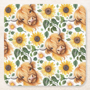 Cute Highland Cows & Gult Solrosblommor Underlägg Papper Kvadrat