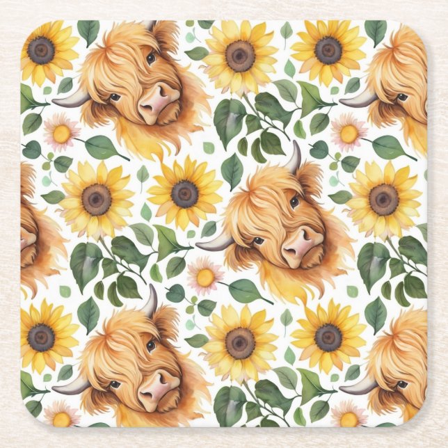 Cute Highland Cows & Gult Solrosblommor Underlägg Papper Kvadrat (Framsidan)