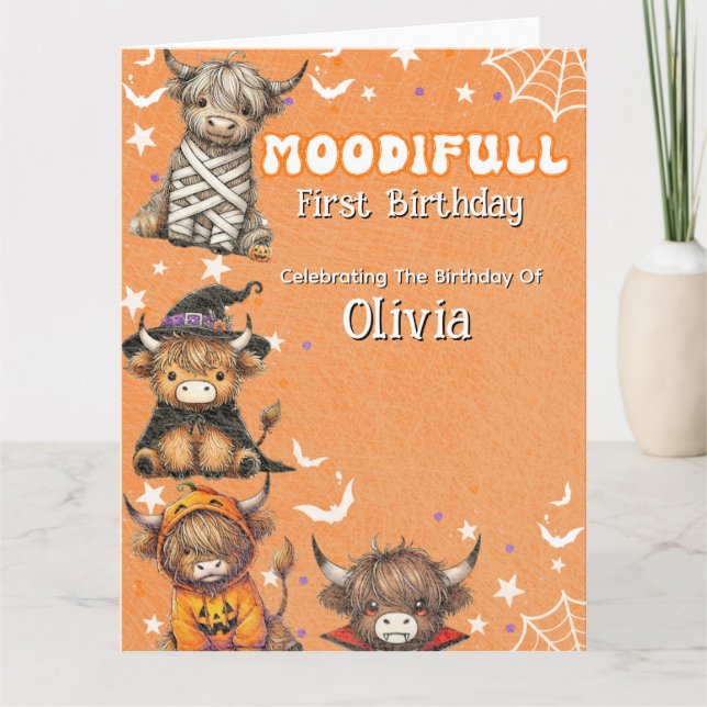 Cute Highland Cows Moodifull Halloween Birthday Kort (Framsida)