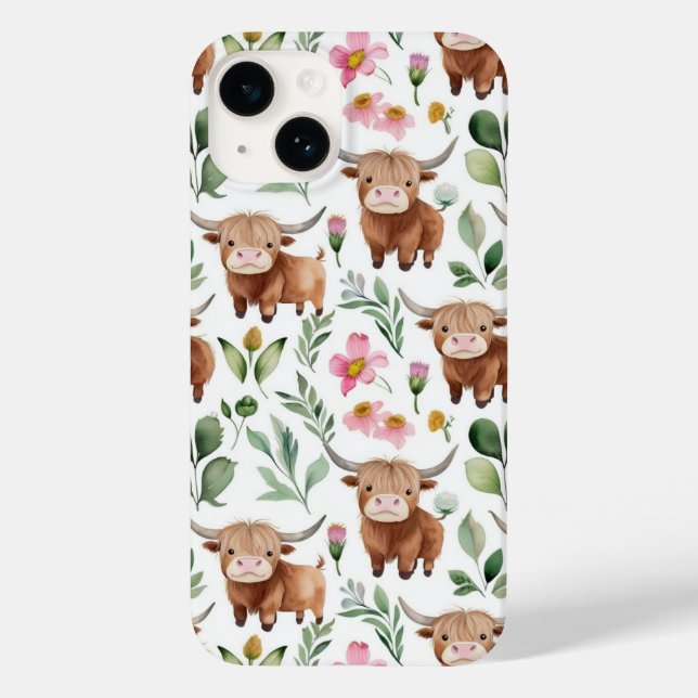 Cute Highland Cows & Rosa Flowers Mönster Blommigt (Baksida)