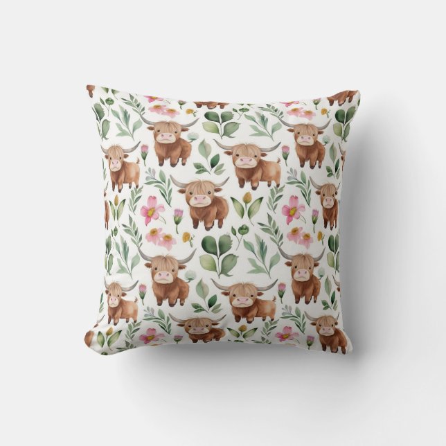 Cute Highland Cows & Rosa Flowers Mönster Blommigt Kudde (Framsida)