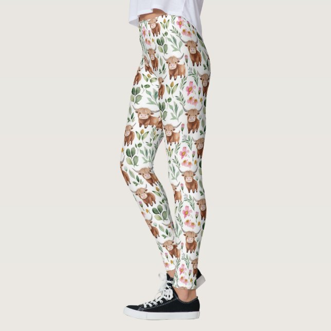 Cute Highland Cows & Rosa Flowers Mönster Blommigt Leggings (Vänster)