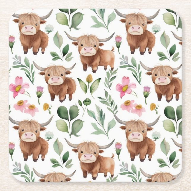 Cute Highland Cows & Rosa Flowers Mönster Blommigt Underlägg Papper Kvadrat (Framsidan)