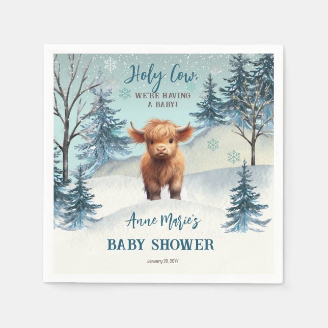 Cute Highland Heliga Cow Winter Baby Shower Pappersservett (Framsidan)